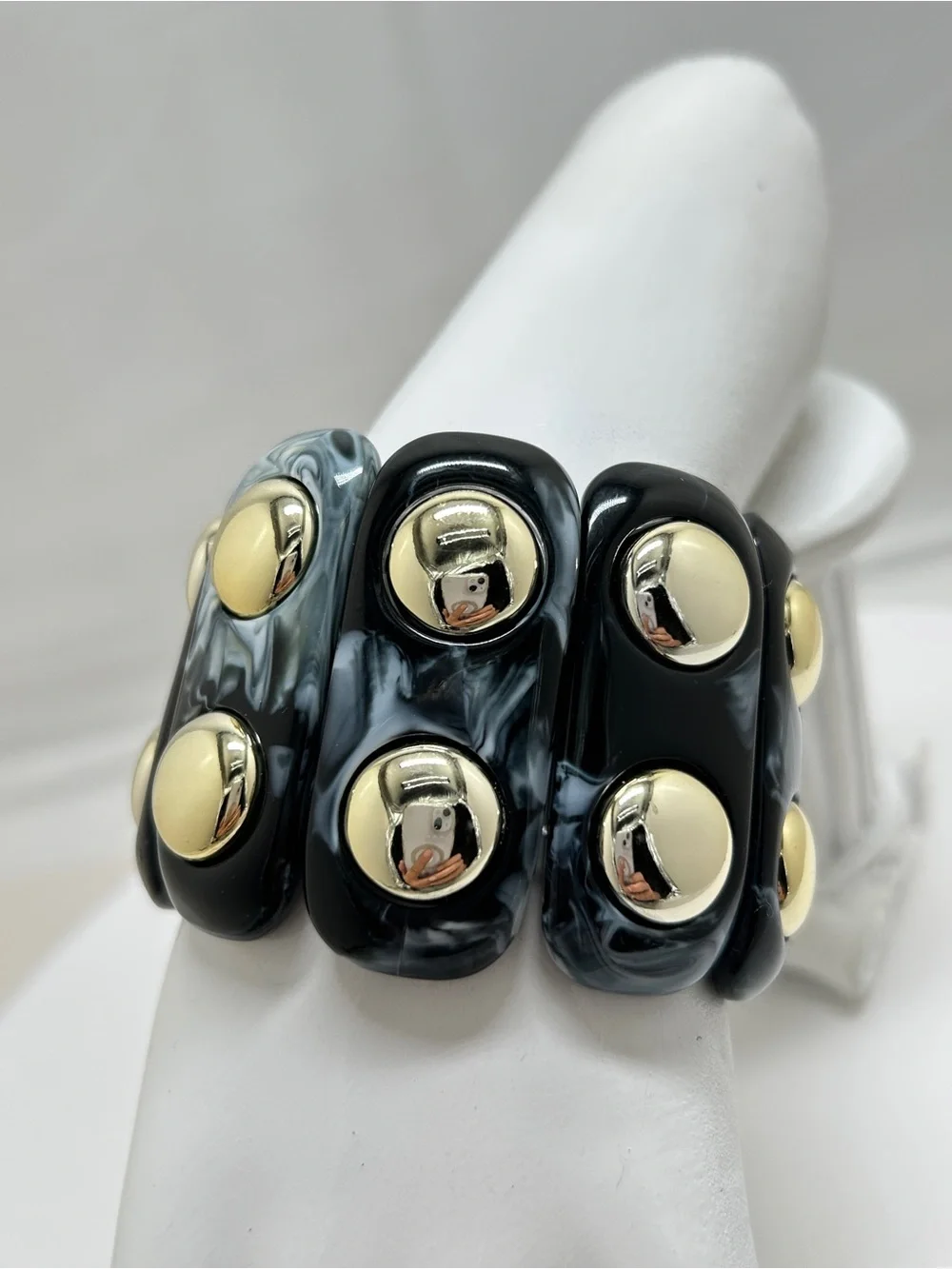 Black White And Gold Marbled Lucite Wide Bracelet, Stretch